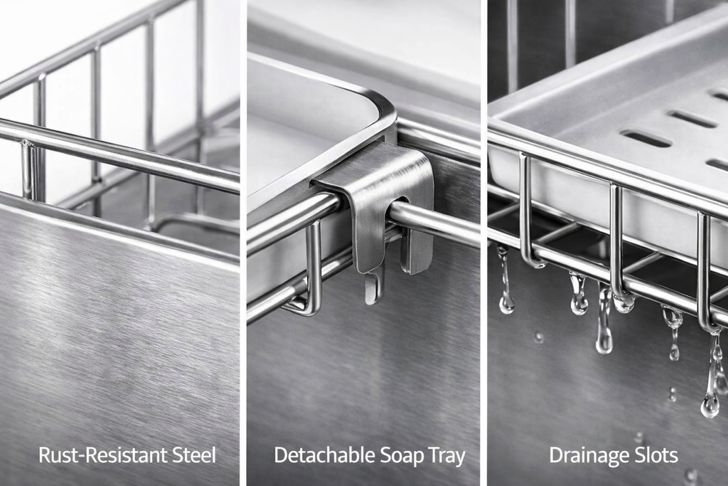 Kitchen Sink Faucet Sponge Holder Caddy Organizer Over, Stainless Steel Heavy Duty Thickening Hanging Drain Rack for scrubbers, soap, Bathroom, Detachable no Suction Cup Bathroom soap Holder | Silver