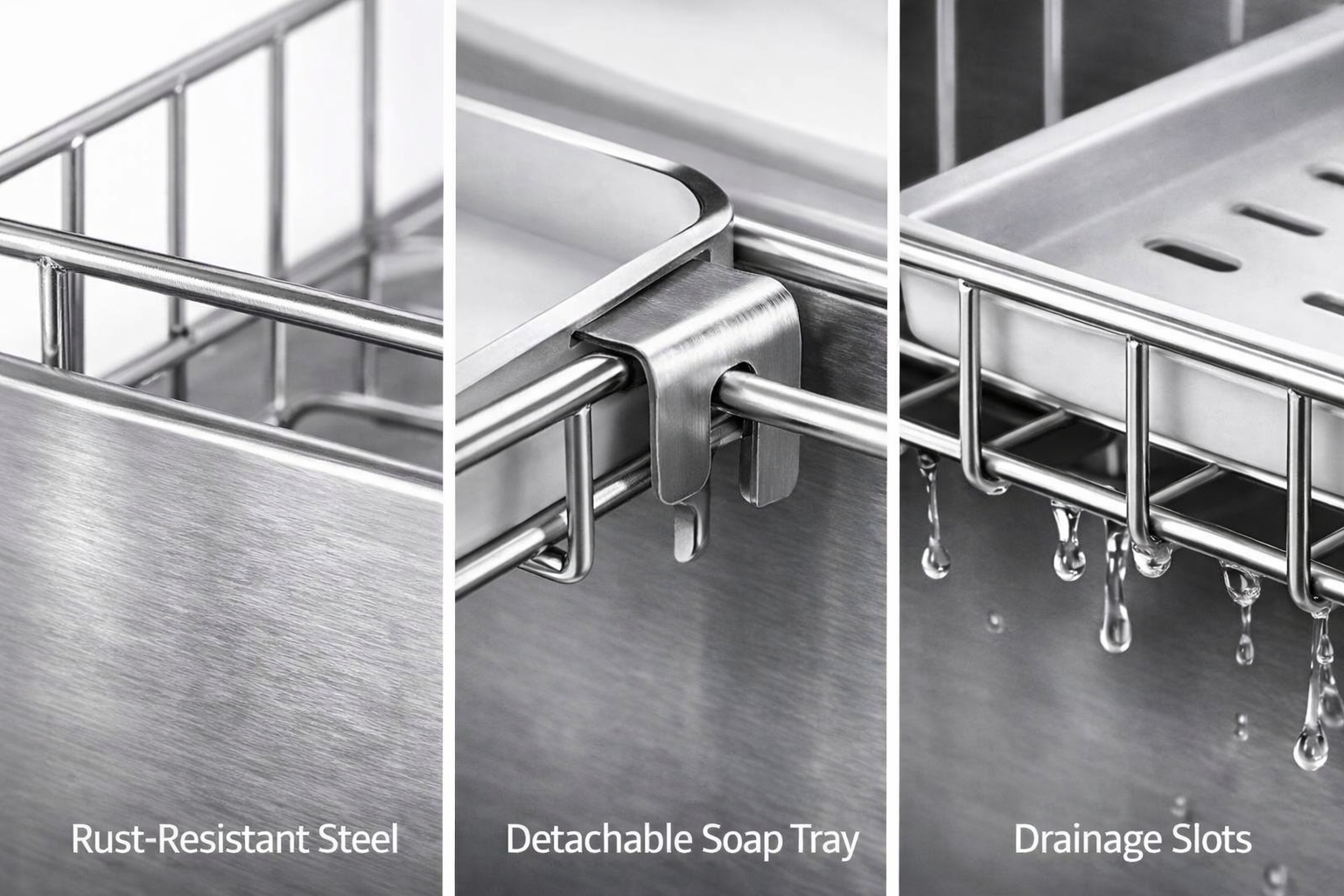 Kitchen Sink Faucet Sponge Holder Caddy Organizer Over, Stainless Steel Heavy Duty Thickening Hanging Drain Rack for scrubbers, soap, Bathroom, Detachable no Suction Cup Bathroom soap Holder | Silver