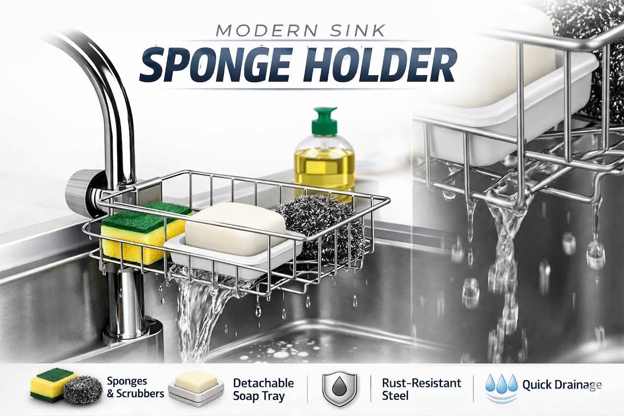 Kitchen Sink Faucet Sponge Holder Caddy Organizer Over, Stainless Steel Heavy Duty Thickening Hanging Drain Rack for scrubbers, soap, Bathroom, Detachable no Suction Cup Bathroom soap Holder | Silver