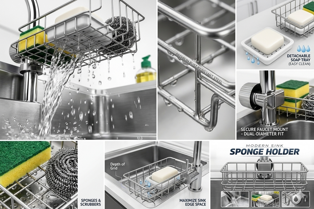 Kitchen Sink Faucet Sponge Holder Caddy Organizer Over, Stainless Steel Heavy Duty Thickening Hanging Drain Rack for scrubbers, soap, Bathroom, Detachable no Suction Cup Bathroom soap Holder | Silver